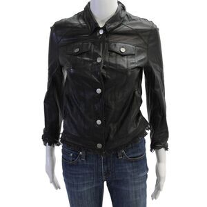 JKT Womens Biker Leather Jacket Black Collared 3/4 Sleeve Size XS